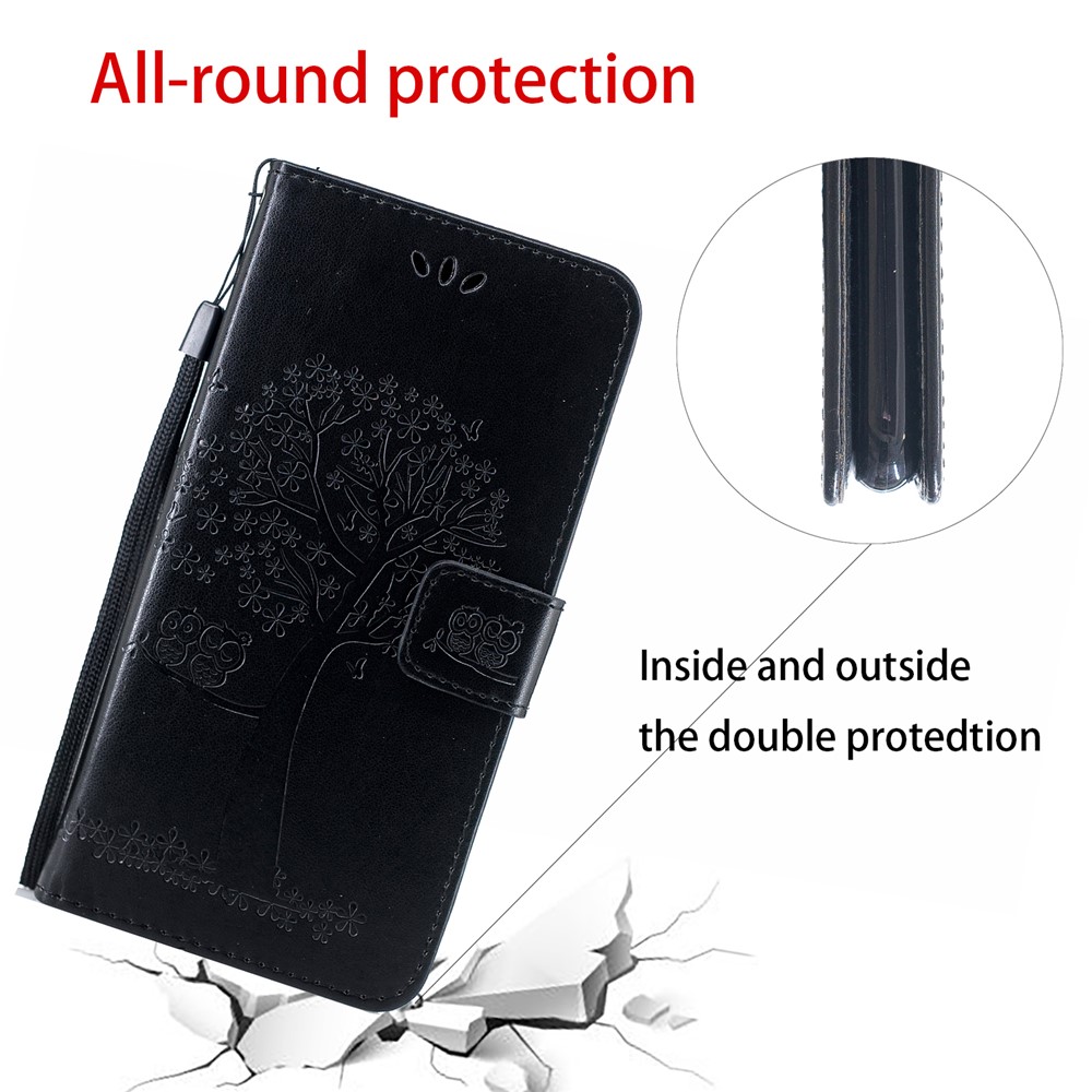 Imprint Tree + Owl le Cuir Portefeuille Case de Téléphone Pour Samsung Galaxy A20e - le Noir