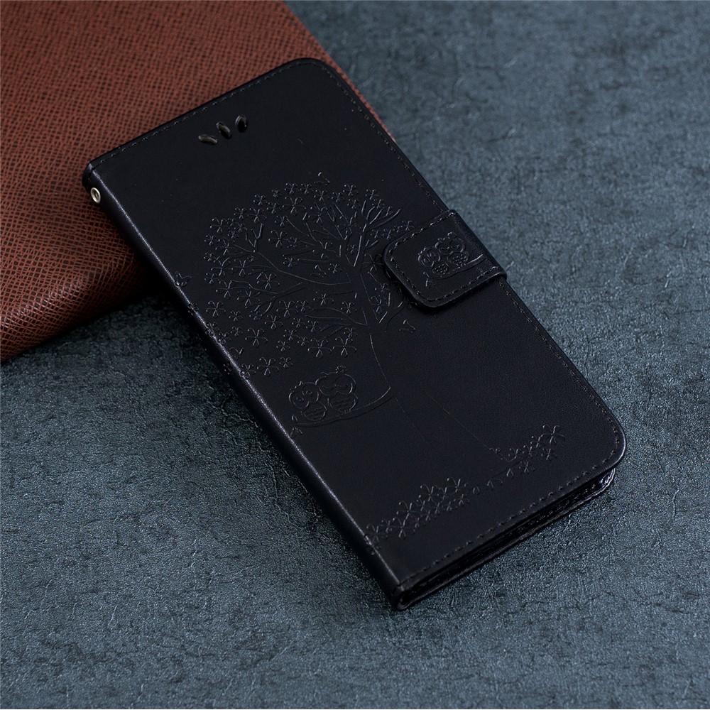 Imprint Tree + Owl le Cuir Portefeuille Case de Téléphone Pour Samsung Galaxy A20e - le Noir