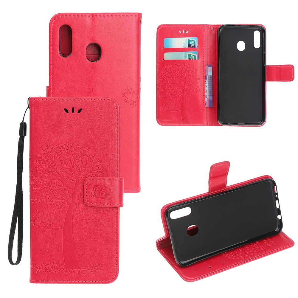 Imprint Tree+Owl Leather Wallet Phone Case for Samsung Galaxy A20e - Rose-1
