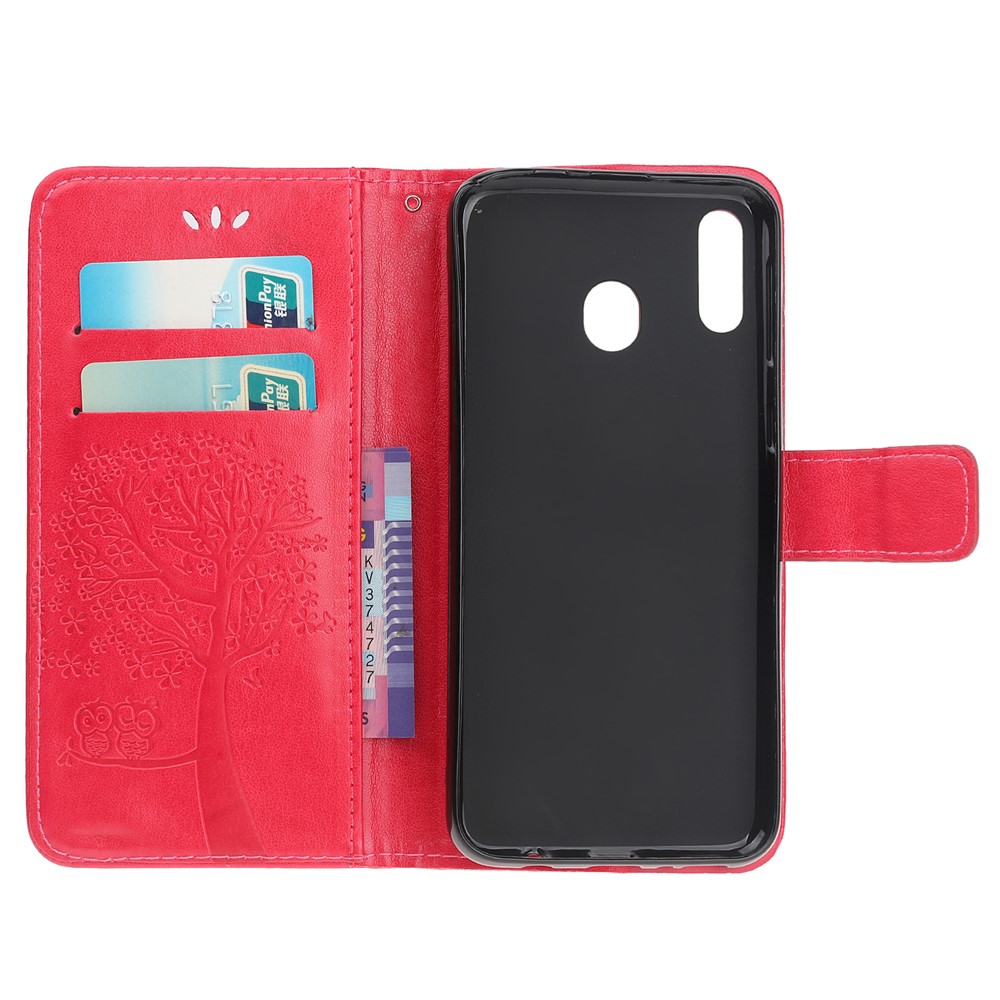 Imprint Tree+Owl Leather Wallet Phone Case for Samsung Galaxy A20e - Rose-5