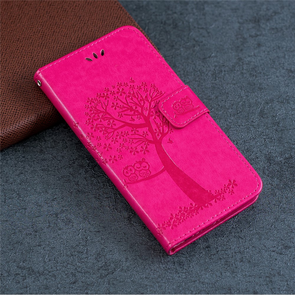 Imprint Tree+Owl Leather Wallet Phone Case for Samsung Galaxy A20e - Rose-7