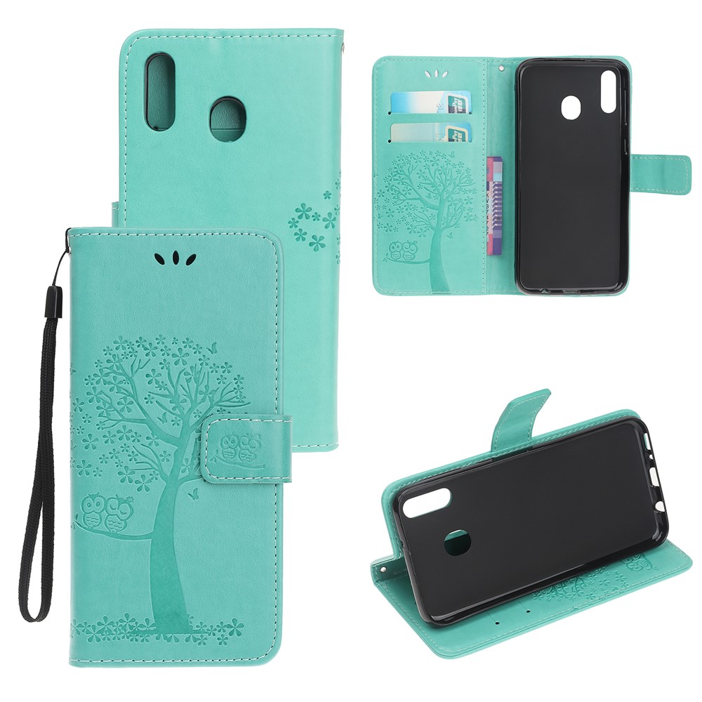 Portefeuille En Cuir Avec Arbre D'impression Et Portefeuille Hibou Pour Samsung Galaxy A20e - Vert-1
