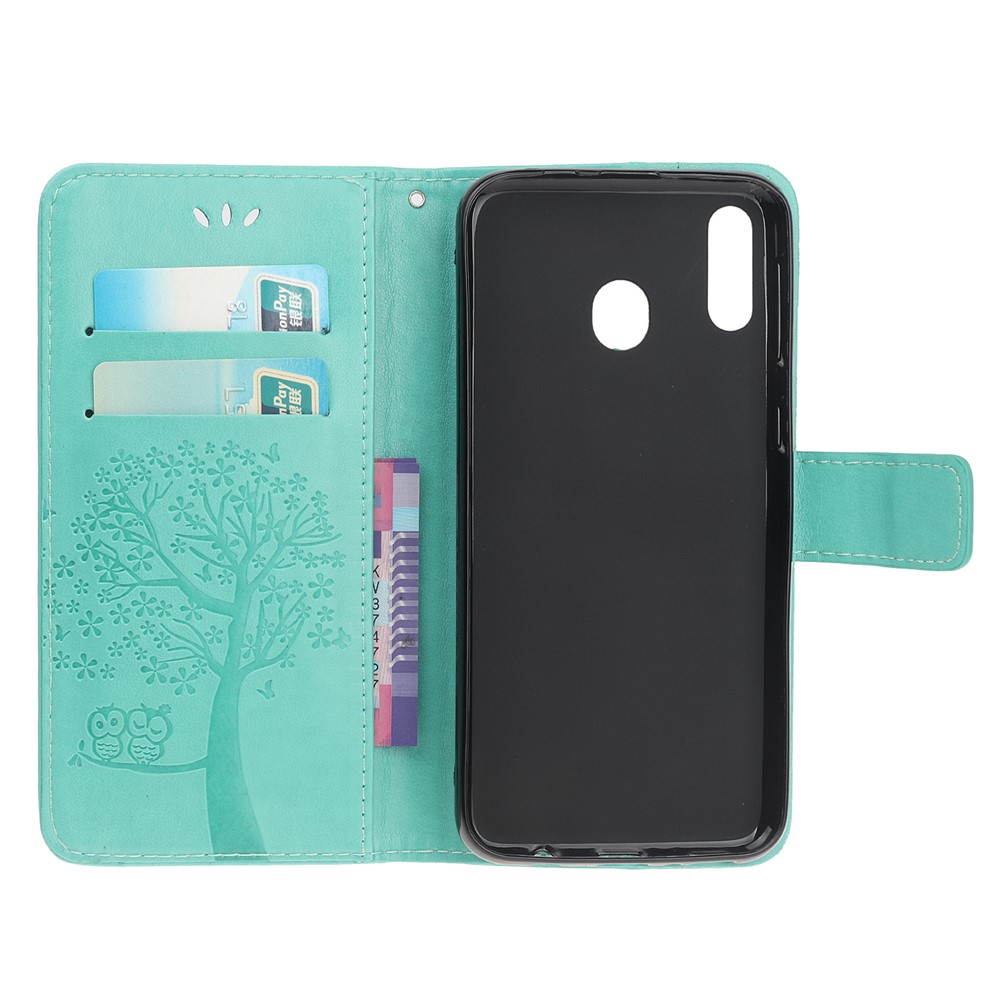 Portefeuille En Cuir Avec Arbre D'impression Et Portefeuille Hibou Pour Samsung Galaxy A20e - Vert-5