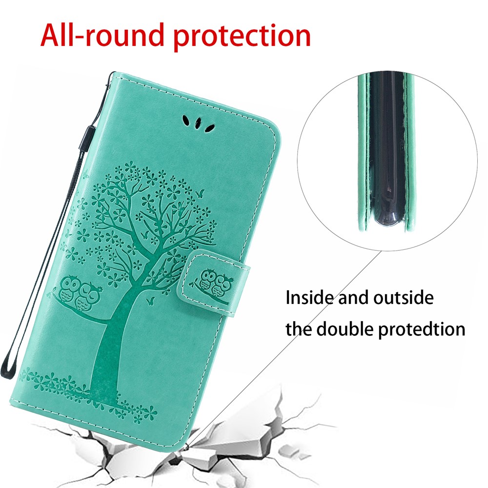 Portefeuille En Cuir Avec Arbre D'impression Et Portefeuille Hibou Pour Samsung Galaxy A20e - Vert-6