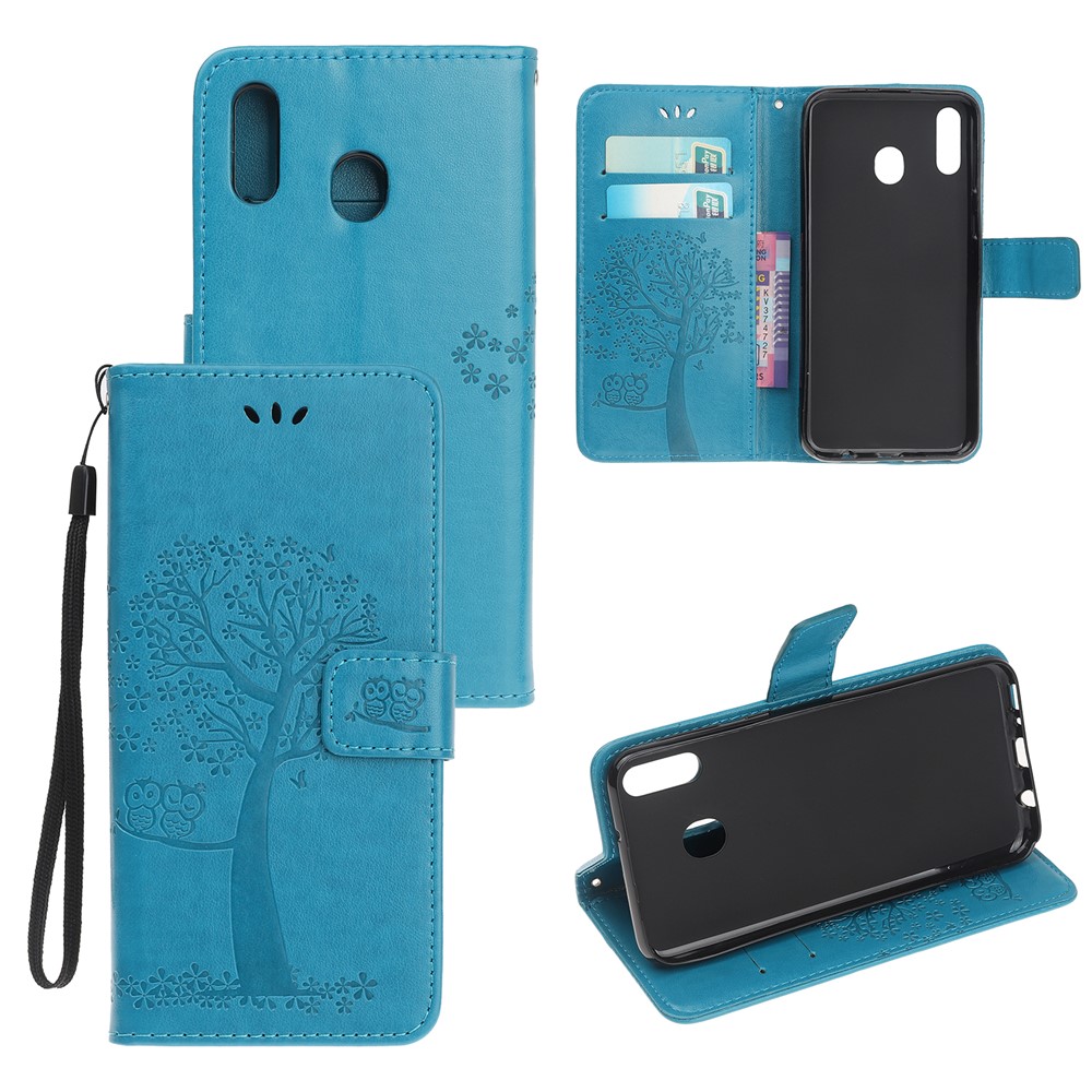 Imprint Tree+Owl Leather Wallet Phone Case for Samsung Galaxy A20e - Blue-1