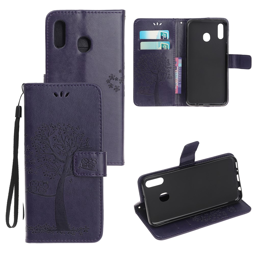 Impressão Árvore + Capa De Telefone Carteira De Couro Coruja Para Samsung Galaxy A20e - Roxo Escuro-1
