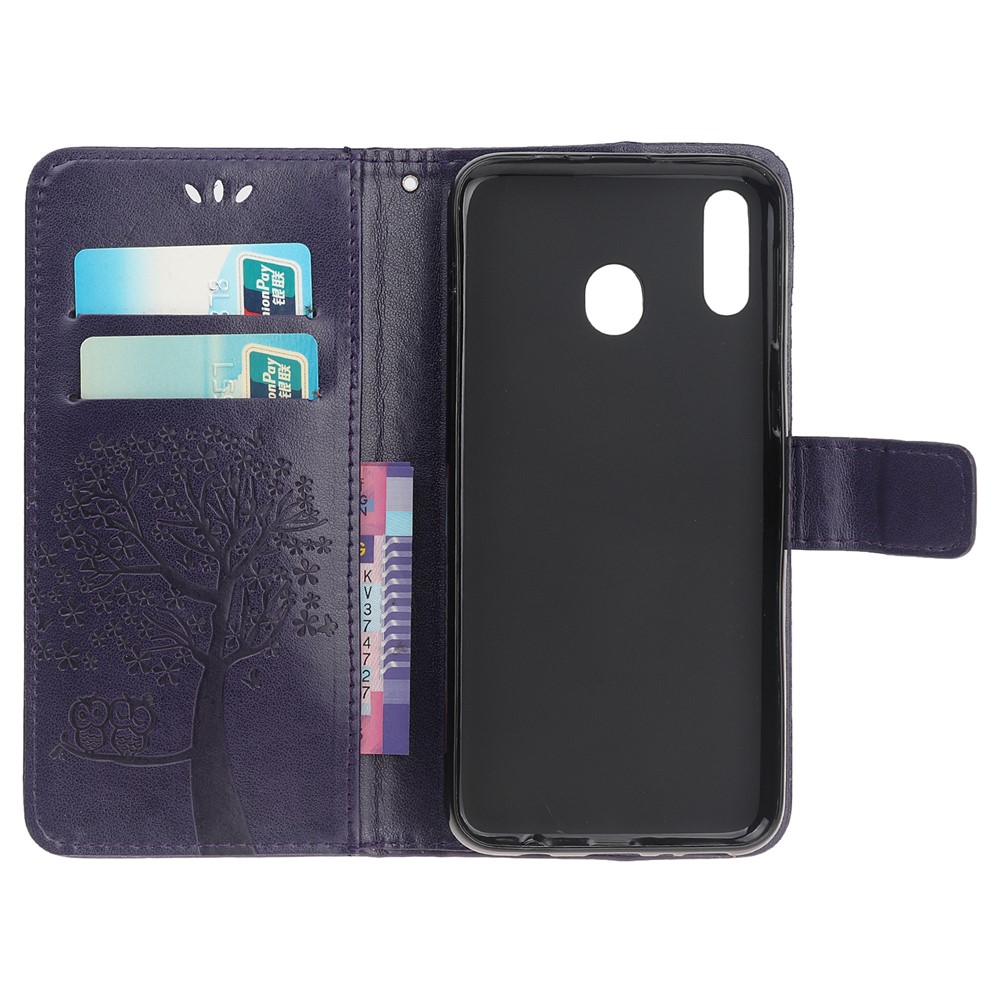 Impressão Árvore + Capa De Telefone Carteira De Couro Coruja Para Samsung Galaxy A20e - Roxo Escuro-5