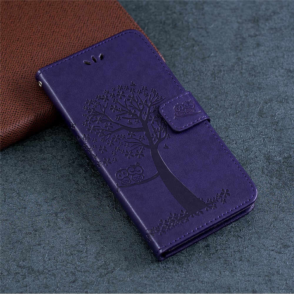 Impressão Árvore + Capa De Telefone Carteira De Couro Coruja Para Samsung Galaxy A20e - Roxo Escuro-7