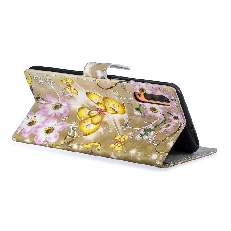 Light Spot Decor Pattern Printing Leather Wallet Case for Samsung Galaxy A70 - Flowers and Gold Butterfly-3