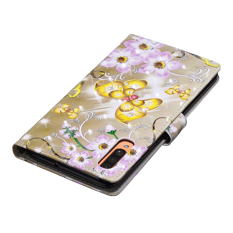 Light Spot Decor Pattern Printing Leather Wallet Case for Samsung Galaxy A70 - Flowers and Gold Butterfly-6