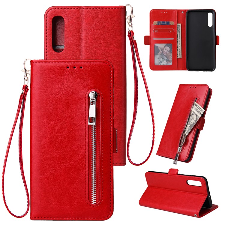 For Samsung Galaxy A50/A50s/A30s Magnetic Absorbed Zipper Leather Purse Phone Cover - Red-1