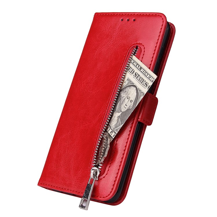 For Samsung Galaxy A50/A50s/A30s Magnetic Absorbed Zipper Leather Purse Phone Cover - Red-4