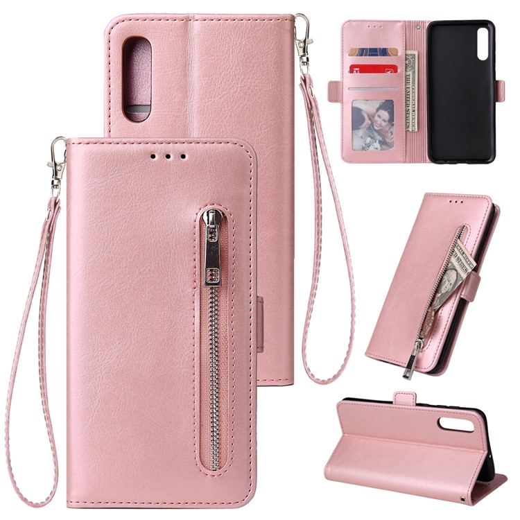 For Samsung Galaxy A50 Magnetic Absorbed Zipper Leather Purse Phone Cover - Pink-1