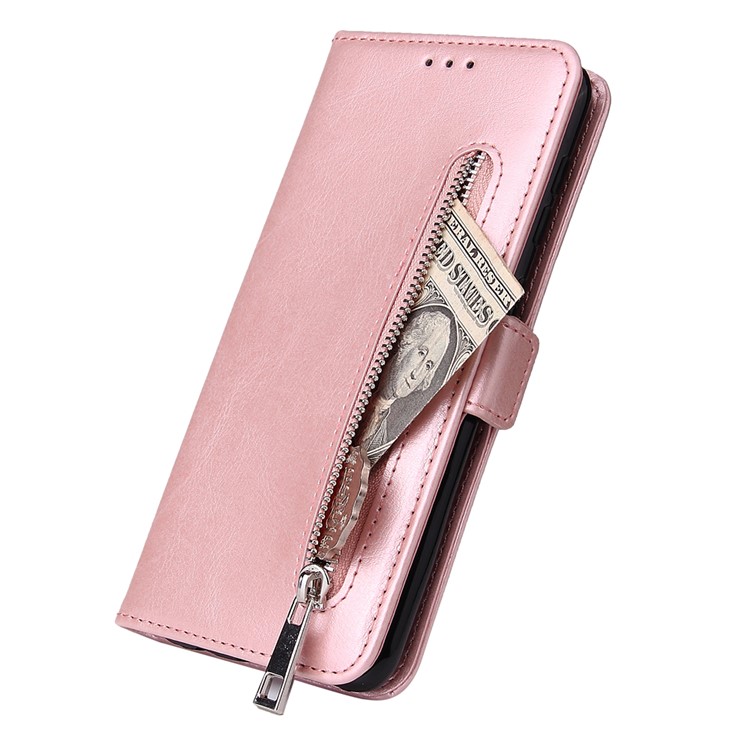 For Samsung Galaxy A50 Magnetic Absorbed Zipper Leather Purse Phone Cover - Pink-4