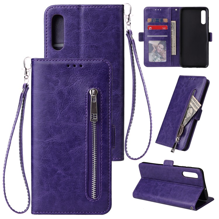 For Samsung Galaxy A50/A50s/A30s Magnetic Absorbed Zipper Leather Purse Phone Cover - Purple-1