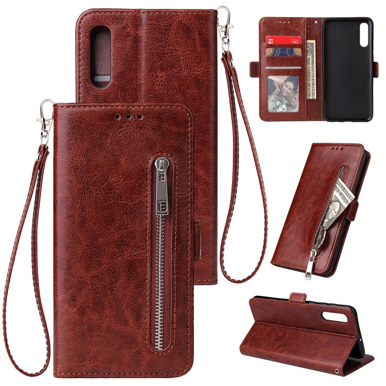 For Samsung Galaxy A50 Magnetic Absorbed Zipper Leather Purse Phone Cover - Brown-1