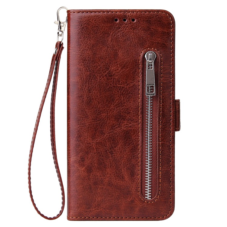 For Samsung Galaxy A50 Magnetic Absorbed Zipper Leather Purse Phone Cover - Brown-2