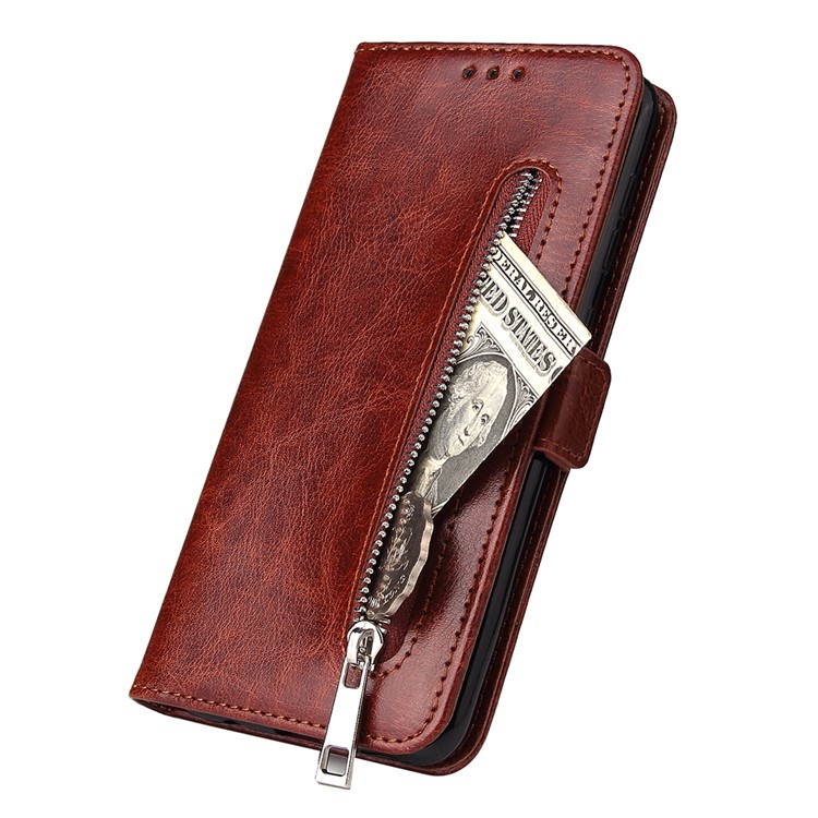 For Samsung Galaxy A50 Magnetic Absorbed Zipper Leather Purse Phone Cover - Brown-5