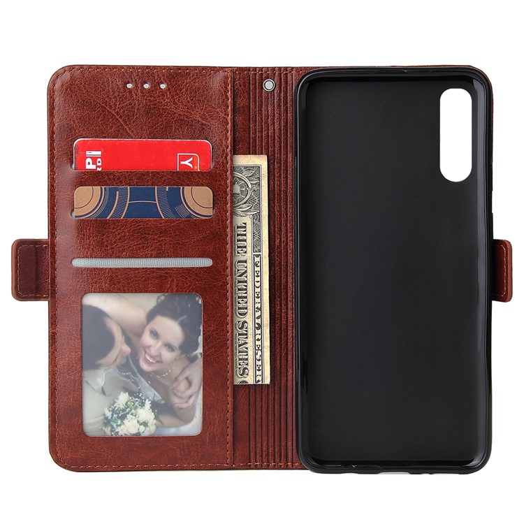 For Samsung Galaxy A50 Magnetic Absorbed Zipper Leather Purse Phone Cover - Brown-6