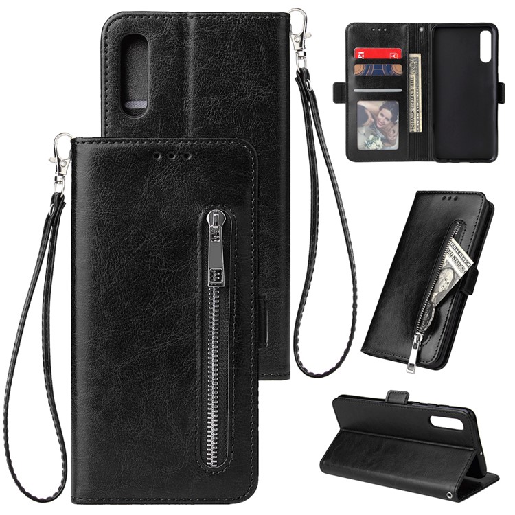 For Samsung Galaxy A50 Magnetic Absorbed Zipper Leather Purse Phone Cover - Black-1
