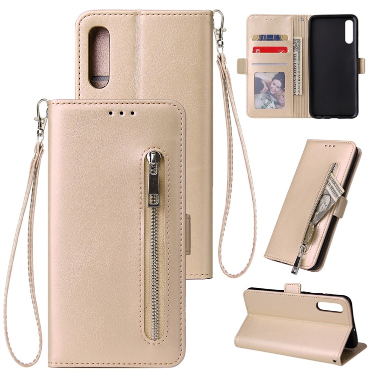 For Samsung Galaxy A50 Magnetic Absorbed Zipper Leather Purse Phone Cover - Beige-1