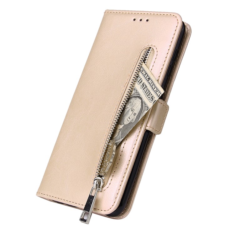 For Samsung Galaxy A50 Magnetic Absorbed Zipper Leather Purse Phone Cover - Beige-4