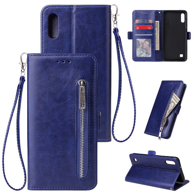 For Samsung Galaxy A10 Zipper Leather Purse Phone Case Cover - Dark Blue-1