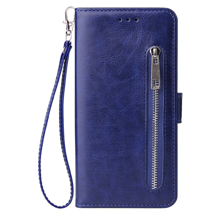 For Samsung Galaxy A10 Zipper Leather Purse Phone Case Cover - Dark Blue-2