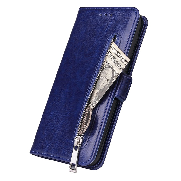 For Samsung Galaxy A10 Zipper Leather Purse Phone Case Cover - Dark Blue-5