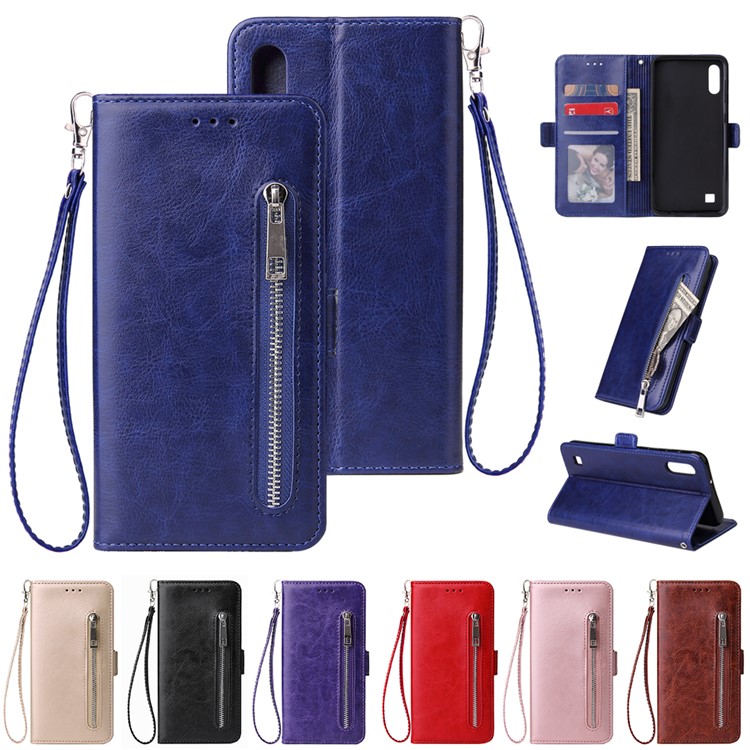For Samsung Galaxy A10 Zipper Leather Purse Phone Case Cover - Dark Blue-7