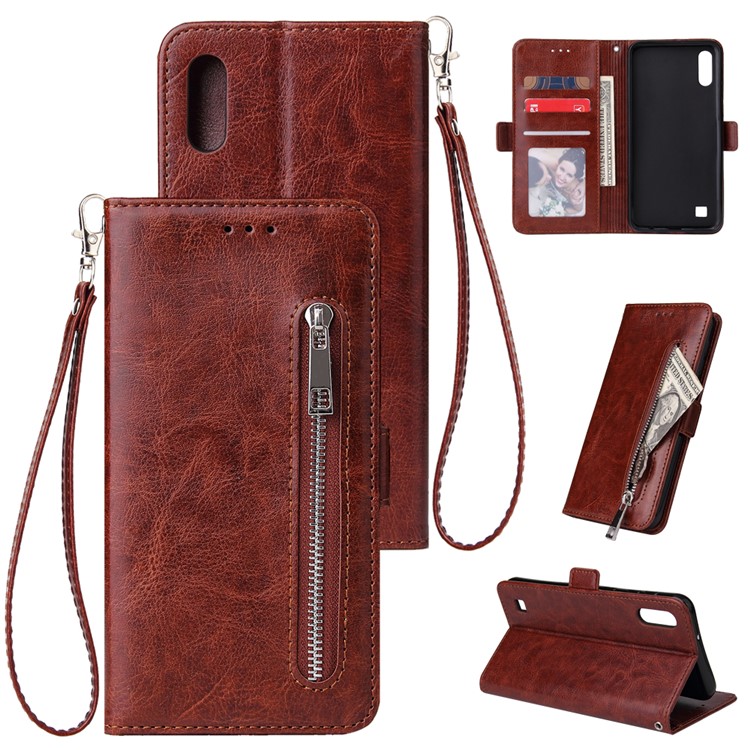 For Samsung Galaxy A10 Zipper Leather Purse Phone Case Cover - Brown-1