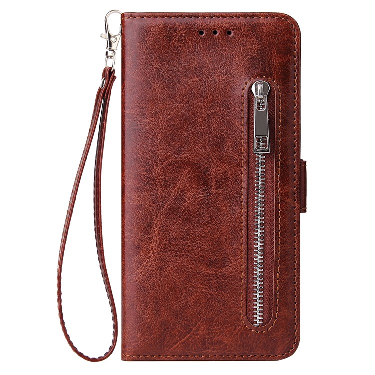 For Samsung Galaxy A10 Zipper Leather Purse Phone Case Cover - Brown-2
