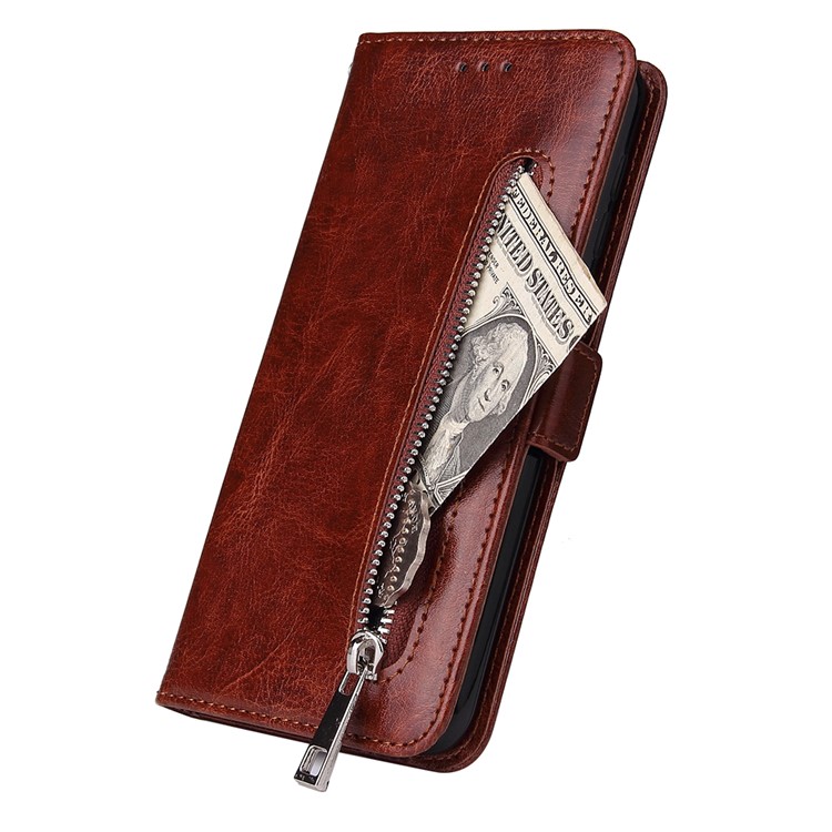 For Samsung Galaxy A10 Zipper Leather Purse Phone Case Cover - Brown-5