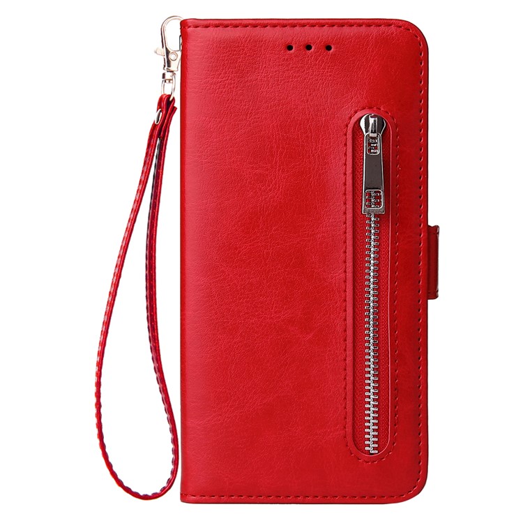 For Samsung Galaxy A10 Zipper Leather Purse Phone Case Cover - Red-2