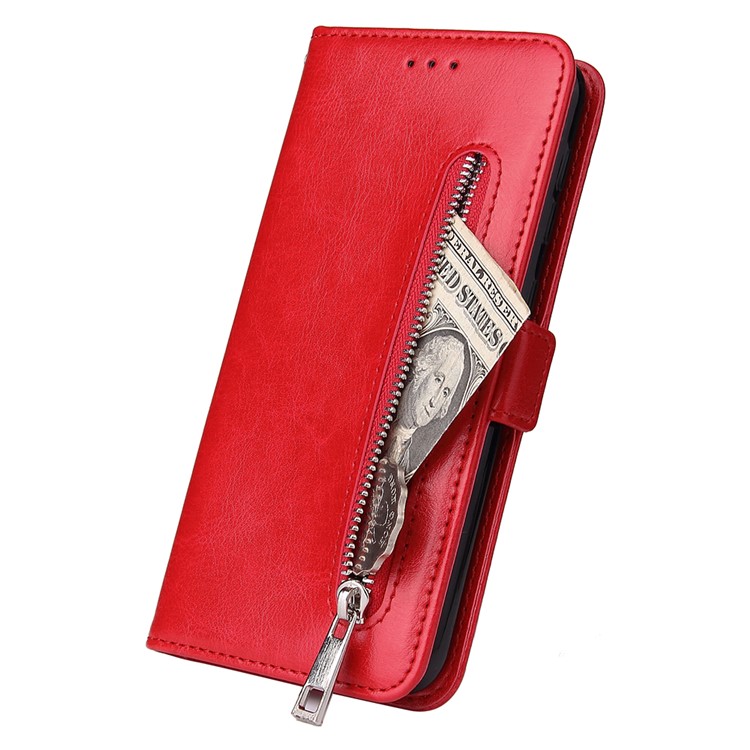 For Samsung Galaxy A10 Zipper Leather Purse Phone Case Cover - Red-4