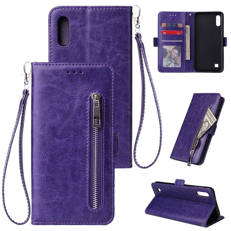 Pour Samsung Galaxy A10 Fermeture À Glissière En Cuir Bourse Housse De Téléphone - Violet-1