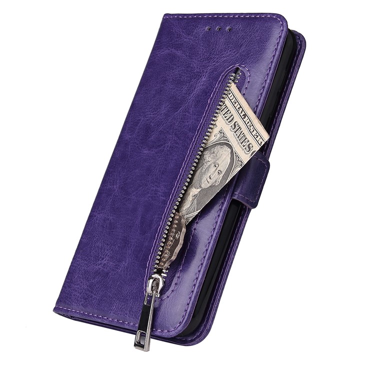 Pour Samsung Galaxy A10 Fermeture À Glissière En Cuir Bourse Housse De Téléphone - Violet-4