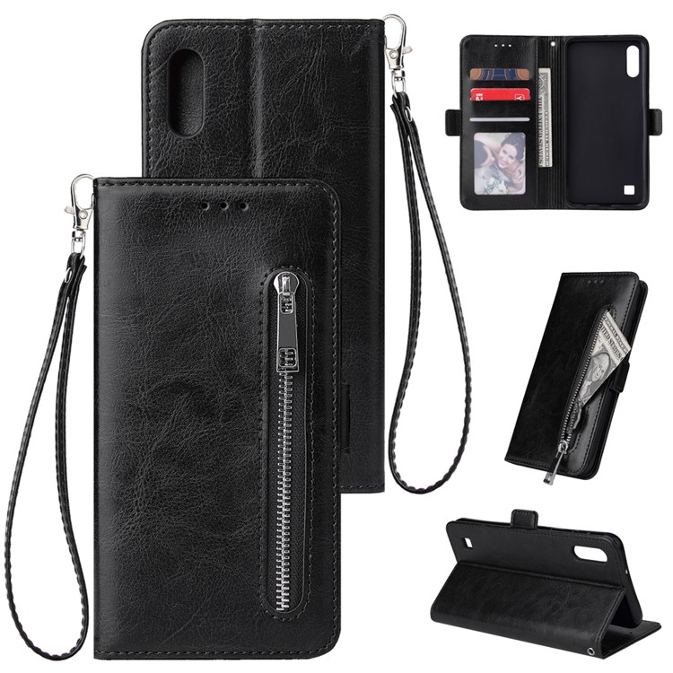 Para Samsung Galaxy A10 Zíper Bolsa De Couro Bolsa De Telefone Capa - Preto-1