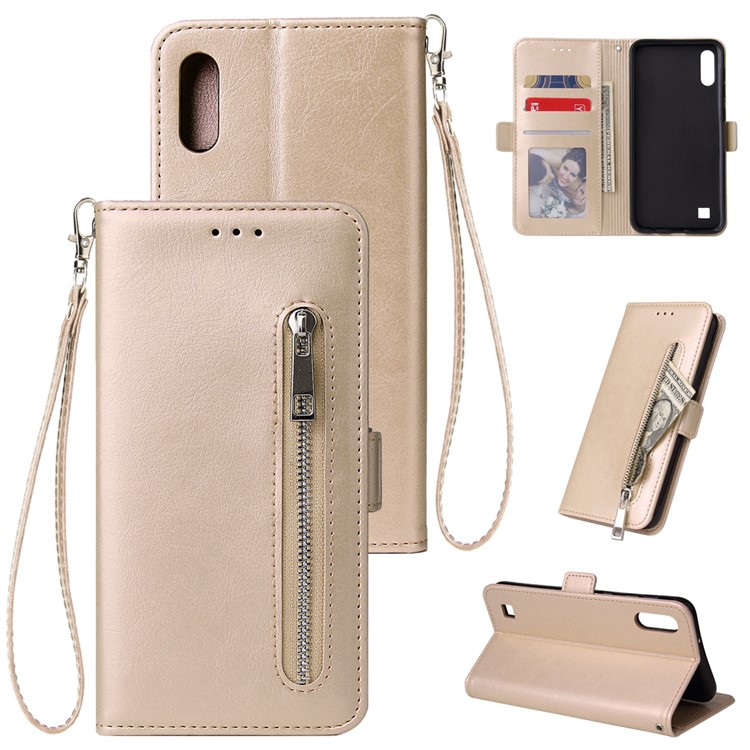 Pour Samsung Galaxy A10 Fermeture À Glissière En Cuir Bourse Housse De Téléphone - Beige-1