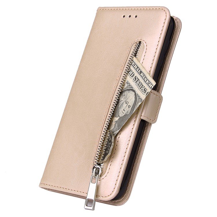 Pour Samsung Galaxy A10 Fermeture À Glissière En Cuir Bourse Housse De Téléphone - Beige-5