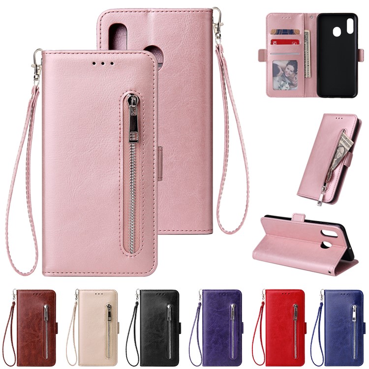 For Samsung Galaxy A30/A20 Magnetic Absorbed Zipper Leather Purse Phone Case Cover - Pink-13