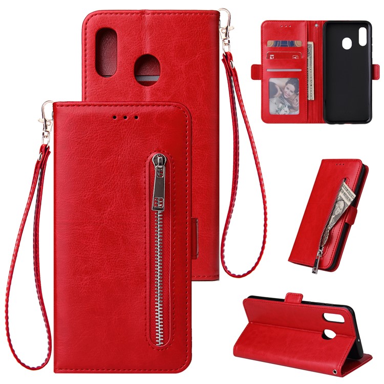 For Samsung Galaxy A30/A20 Magnetic Absorbed Zipper Leather Purse Phone Case Cover - Red-1
