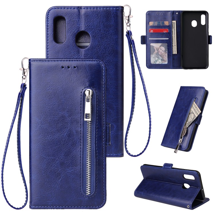 For Samsung Galaxy A30/A20 Magnetic Absorbed Zipper Leather Purse Phone Case Cover - Blue-1