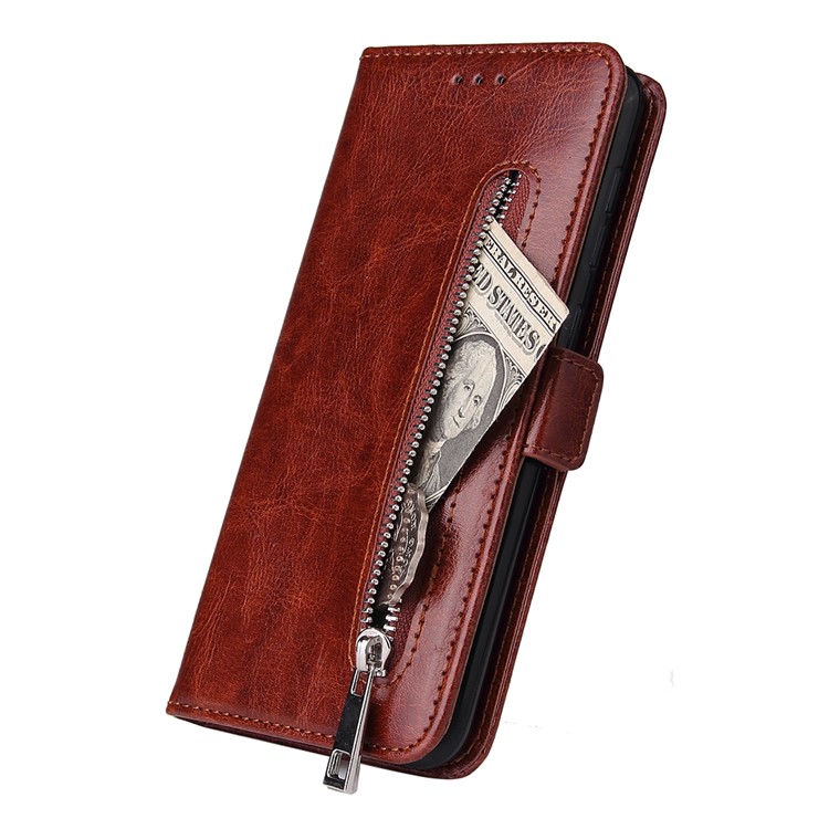 For Samsung Galaxy A30/A20 Magnetic Absorbed Zipper Leather Purse Phone Case Cover - Brown-4