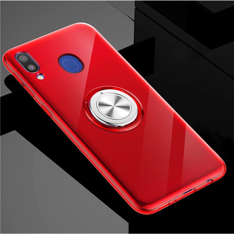 Finger Ring Kickstand Clear TPU Phone Case for Samsung Galaxy M20 (Built-in Magnetic Metal Sheet) - Red-1