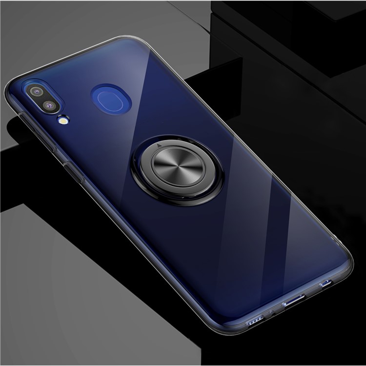 Finger Ring Kickstand Clear TPU Phone Case for Samsung Galaxy M20 (Built-in Magnetic Metal Sheet) - Transparent Black-1