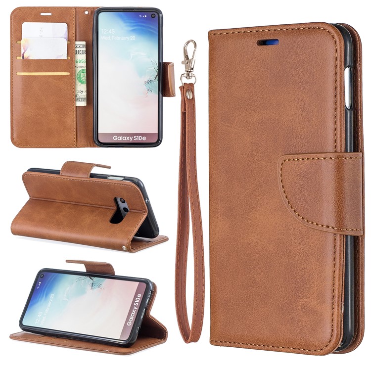PU Leather Wallet Stand Phone Case for Samsung Galaxy S10e - Brown-1