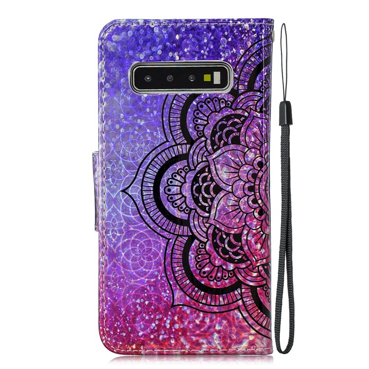 Laser Carving Pattern Printing Wallet Stand Flip Leather Shell with Strap for Samsung Galaxy S10 - Flower-3