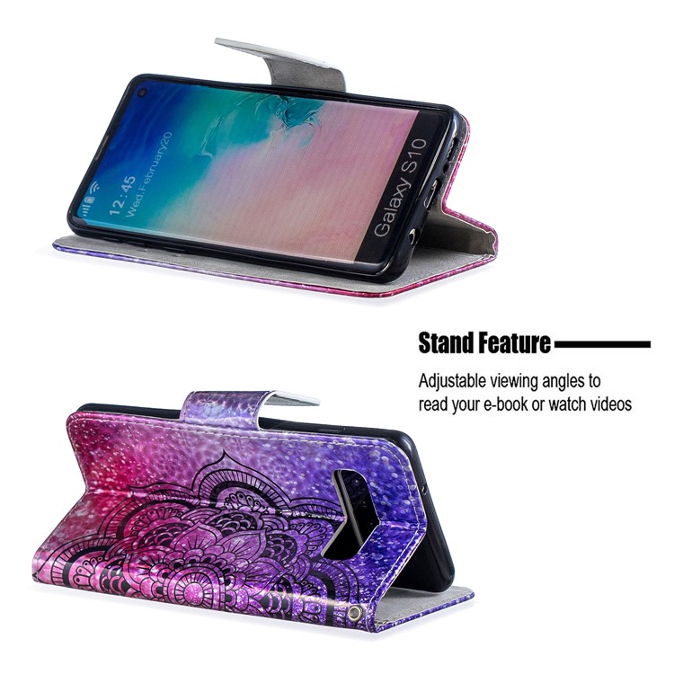 Laser Carving Pattern Printing Wallet Stand Flip Leather Shell with Strap for Samsung Galaxy S10 - Flower-5