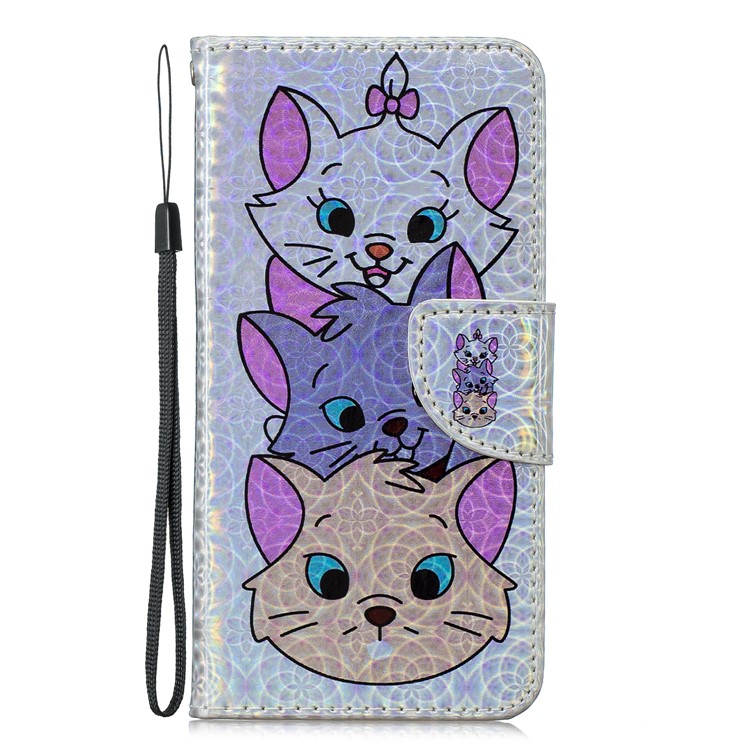 Laser Carving Pattern Printing Wallet Stand Flip Leather Shell with Strap for Samsung Galaxy S10 - Three Cute Cats-2